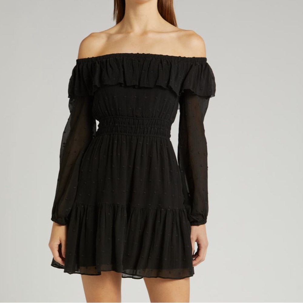 PAIGE  100% Silk Off-Shoulder Black Long Sleeve Dress